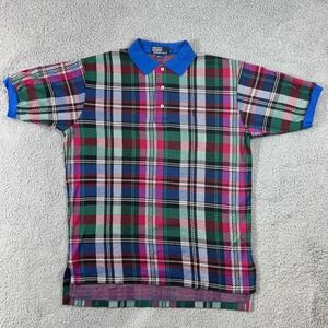 Polo by Ralph Lauren Plaid‎ Golf Blue Polo Shirt Men's L Made in USA VTG NWT